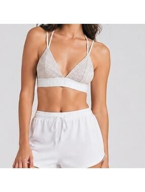 PINK Victoria’s Secret Gold Metallic Stripe Bralette Small White Logo Band